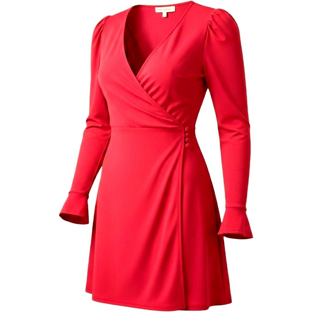 $295 NWOT FAME & PARTNERS mock wrap mini dress red maroon 2 flare sleeve